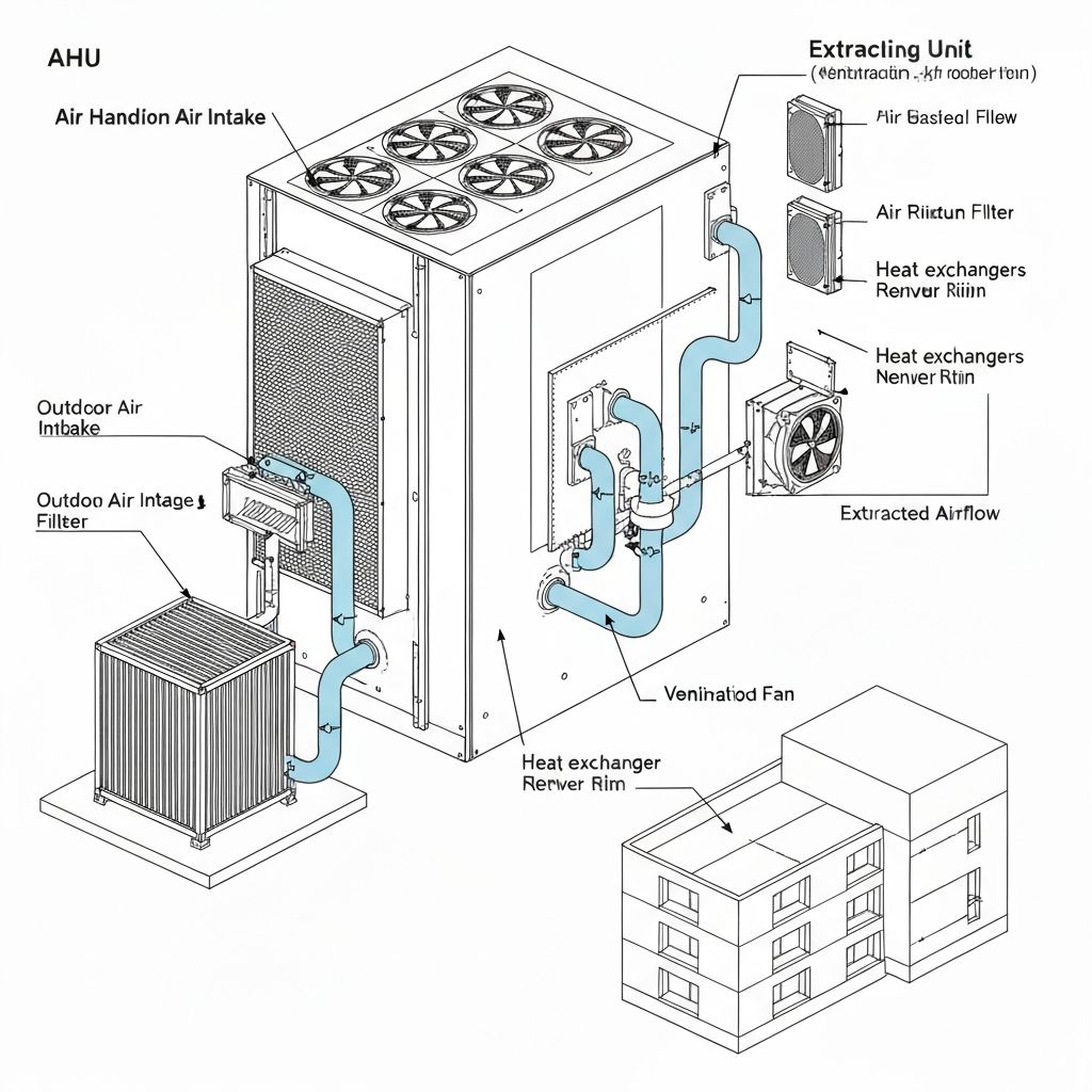 AHU system diagram showing fresh air intake and exhaust