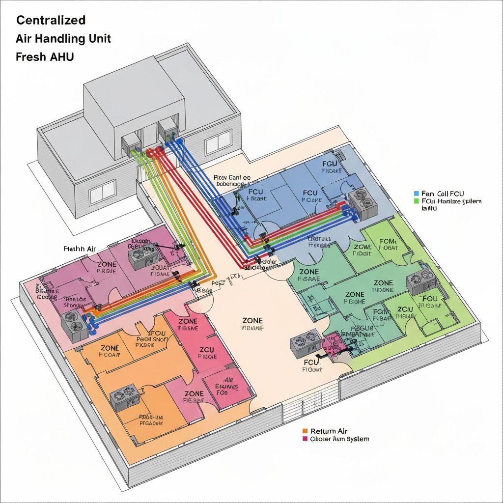 Diagram showing AHU supplying fresh air to multiple FCU zones