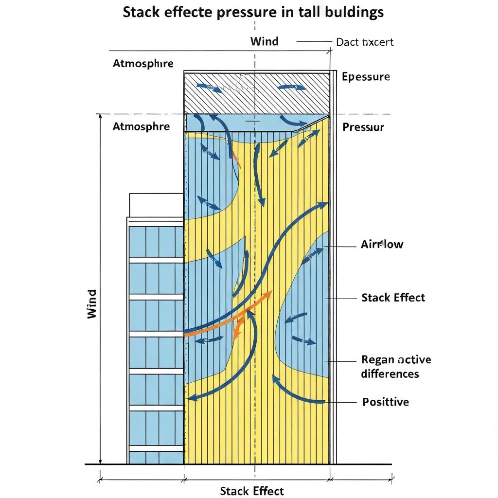 Stack effect diagram showing pressure differences in tall buildings