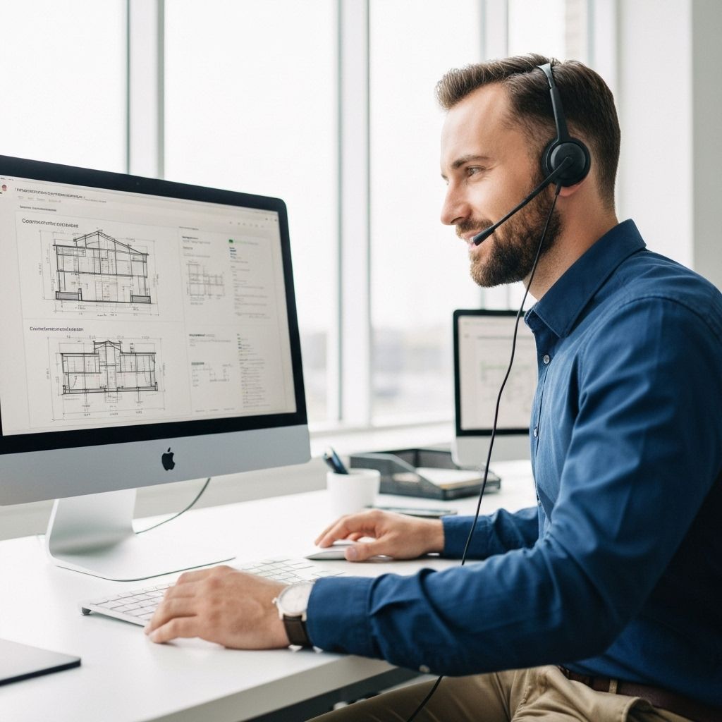 Customer support representative reviewing construction drawings
