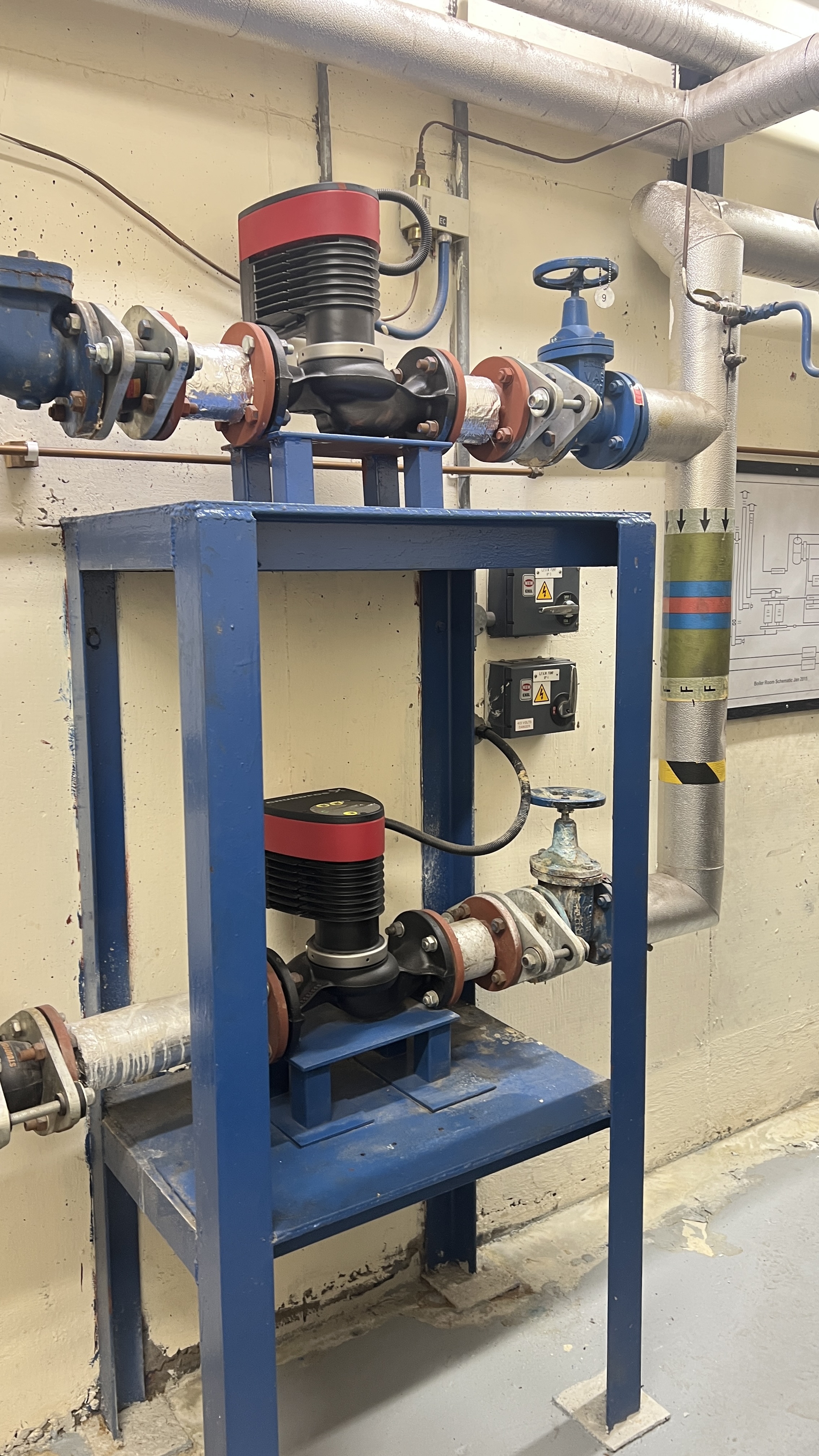 Dual pump system on blue steel frame with vibration isolators